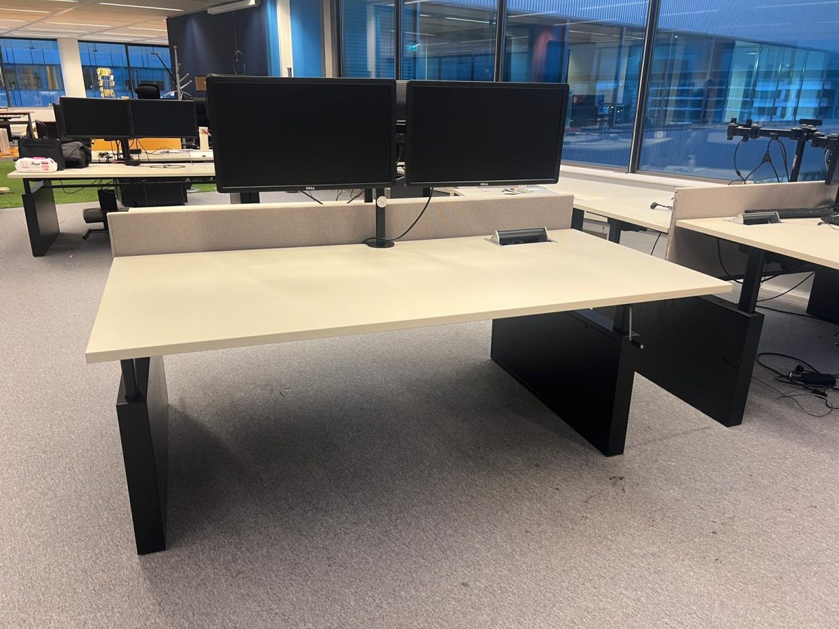 Drentea – Adjustable duo-desk with crank, cable management, power socket, monitor, monitor support and divider – 180x90xH62-86 cm, ST04451 - Image 2